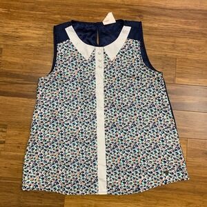 Tommy Girl Floral Print Top Womens Medium Blue Sleeveless Peter Pan Collar Cute‎